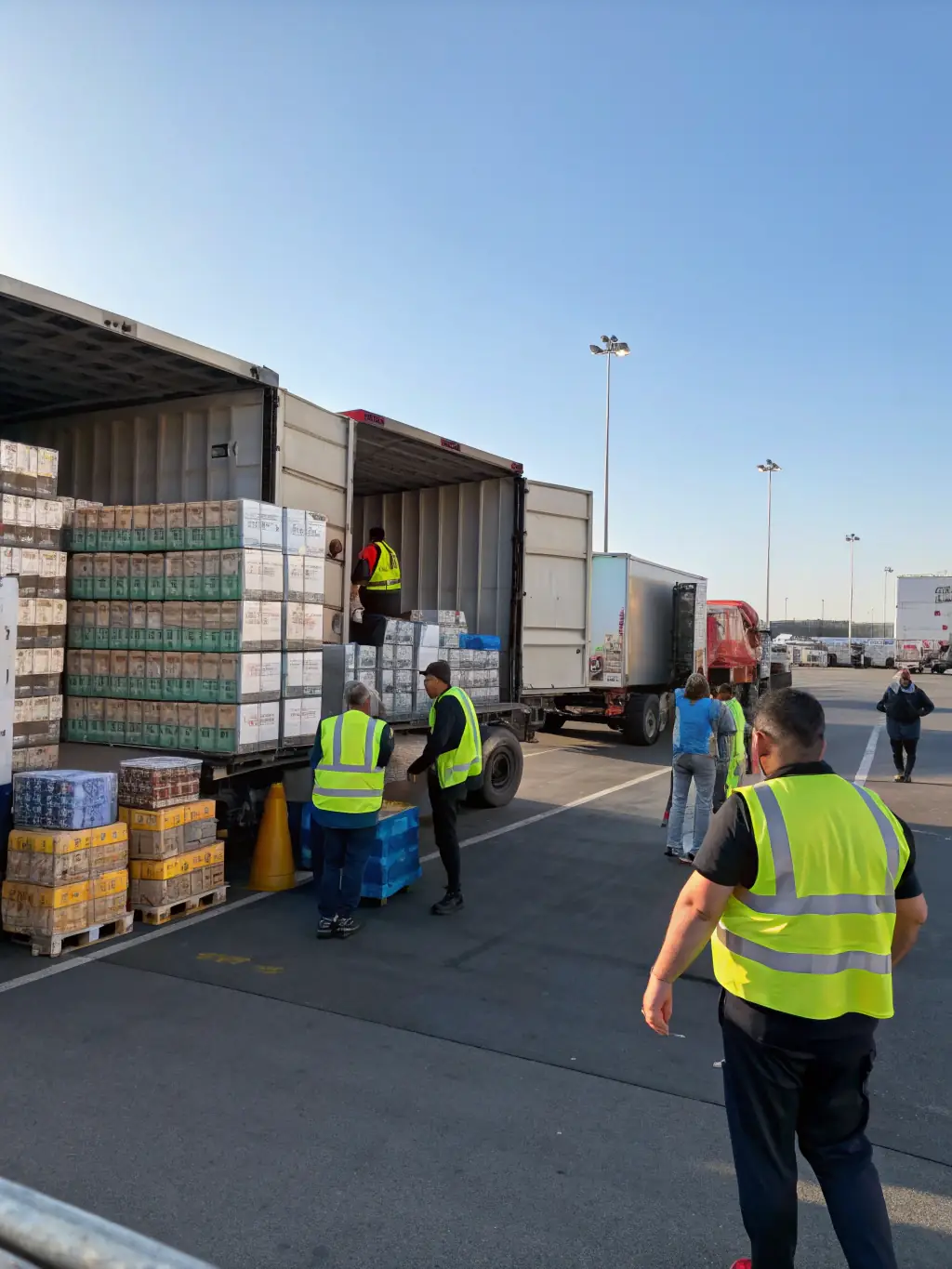 A busy logistics warehouse with forklifts and workers handling goods, highlighting the need for safety in logistics operations.