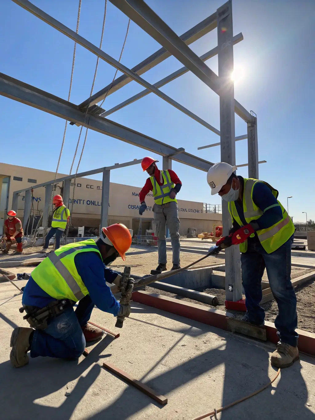 A construction site with workers wearing hard hats and safety vests, focusing on the structural integrity of a building under construction.