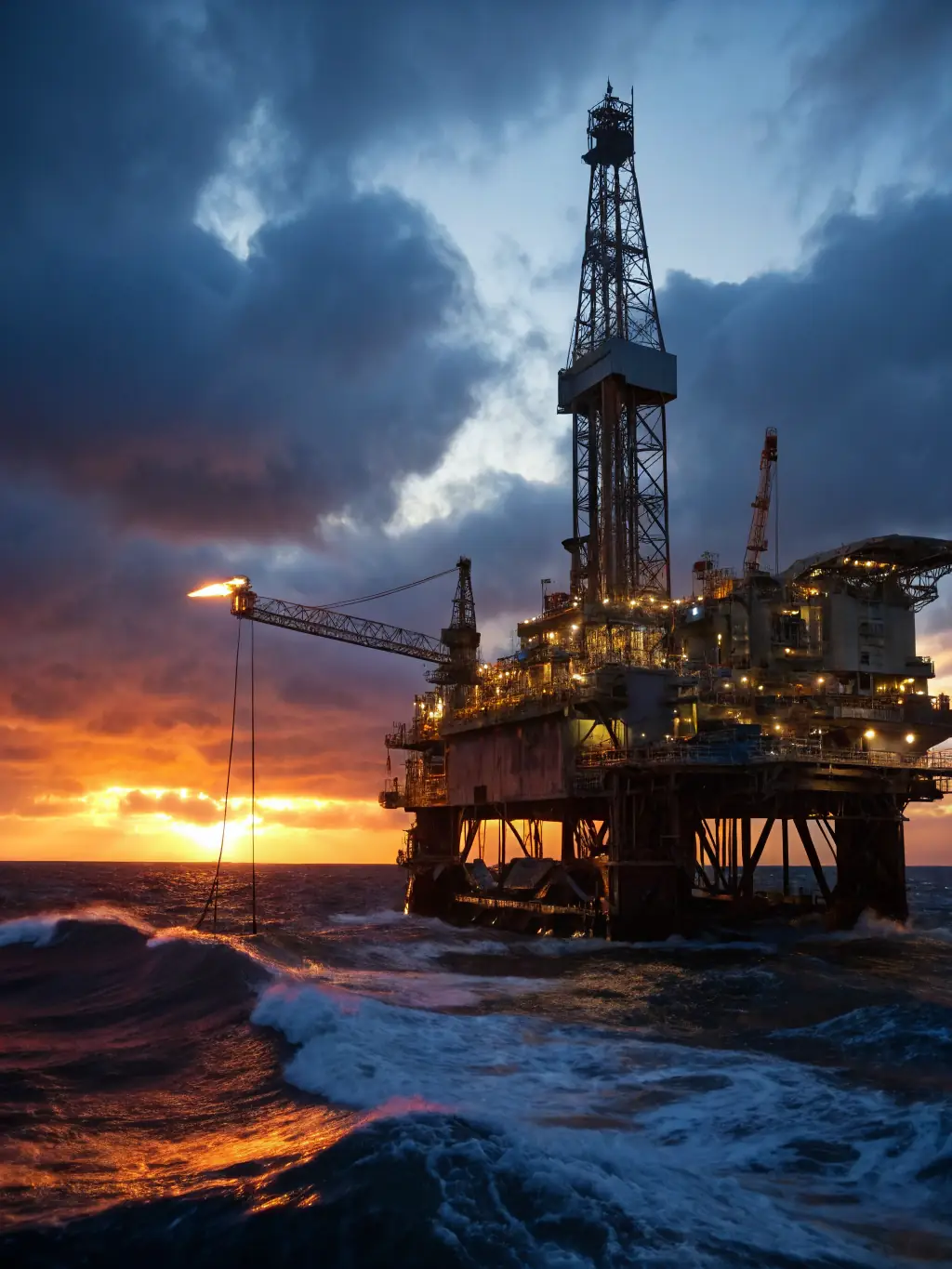 A high-angle shot of an offshore oil rig at sunset, showcasing the complex infrastructure and the vastness of the oil and gas industry.