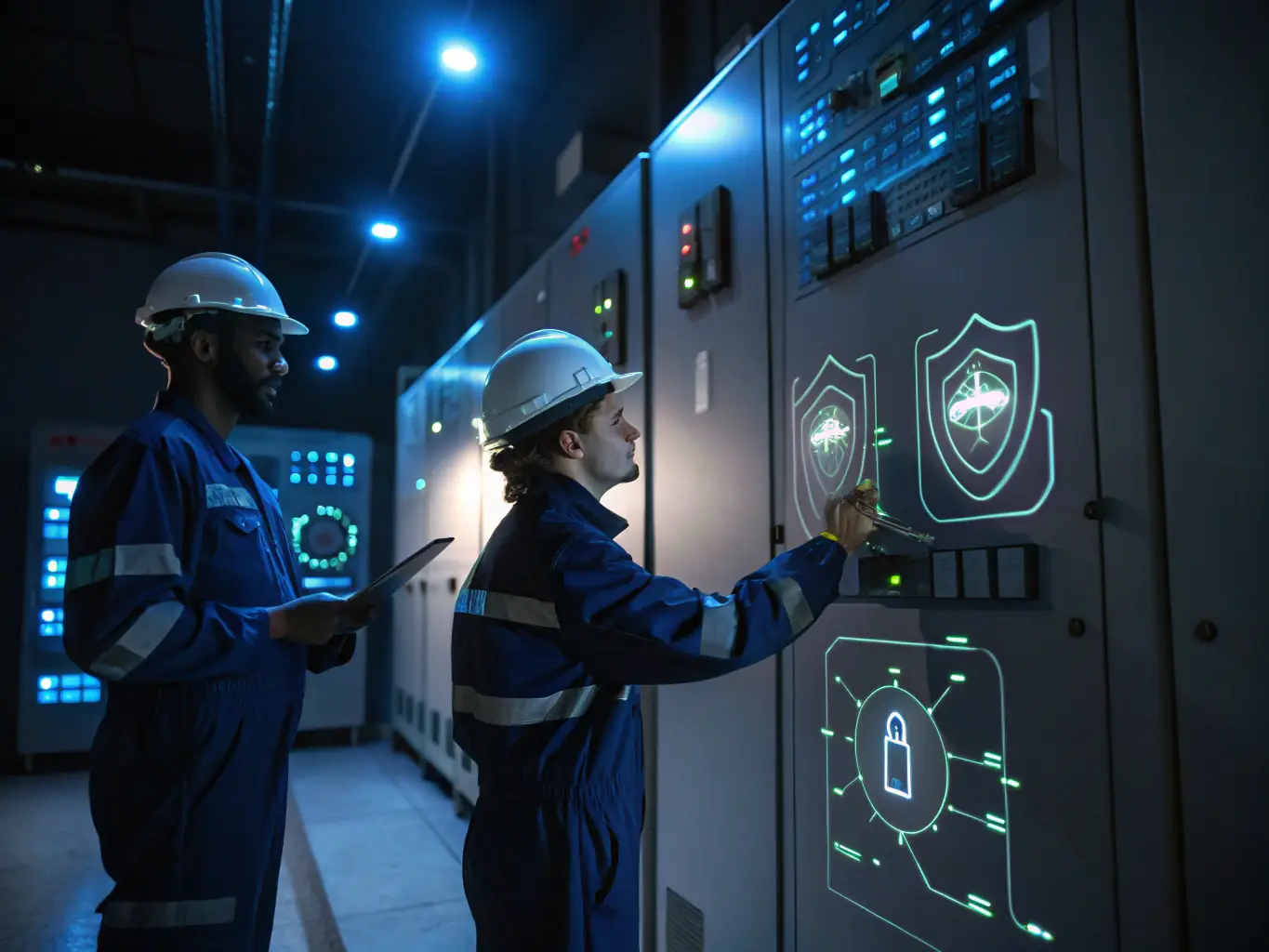 Technicians performing pressure testing and electrical system checks in an industrial setting, ensuring system integrity.