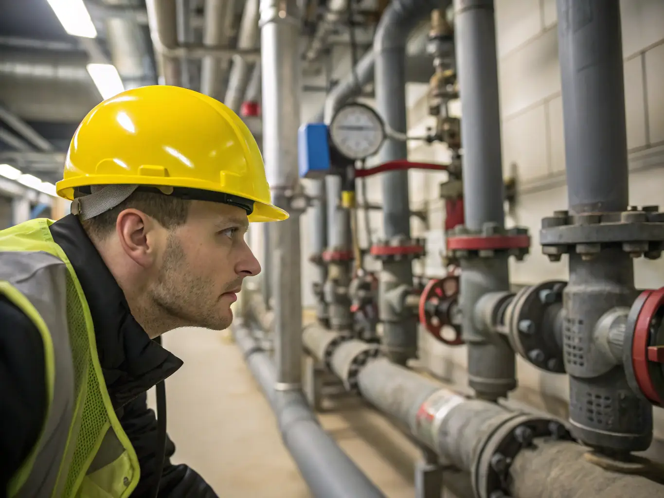 An inspector examining industrial equipment with safety gear in a high-risk environment, focusing on detail and precision.