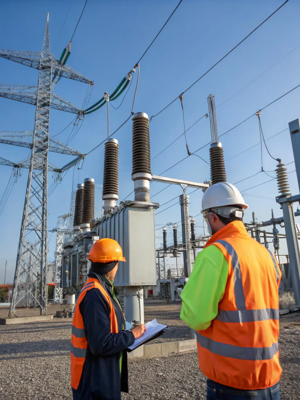 A power plant with high-voltage electrical equipment, emphasizing the importance of safety in the utilities sector.