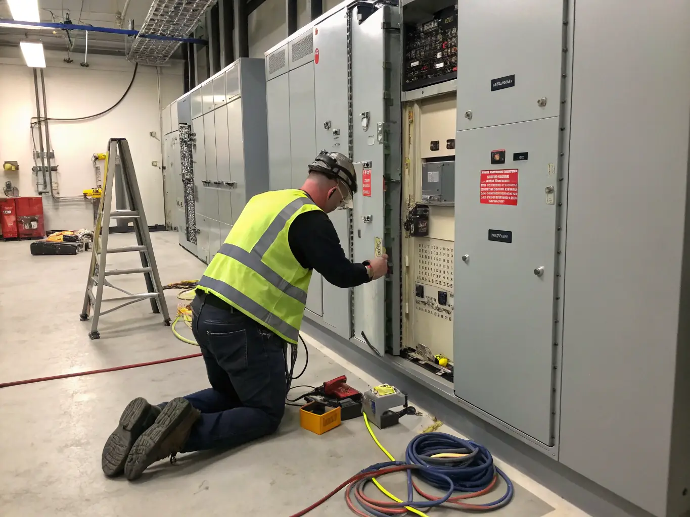 An image of an electrical engineer conducting an audit of an electrical system in a commercial building, highlighting safety protocols.