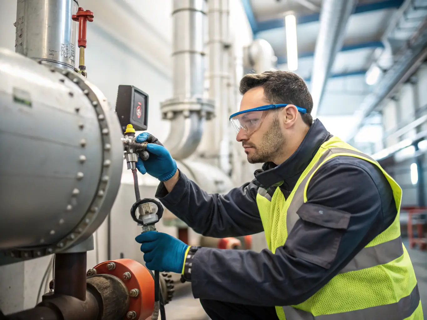 A high-angle shot of a technician inspecting a pressure vessel in an industrial setting, focusing on safety gauges and equipment.